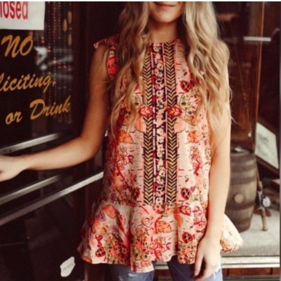 Free People Tops - Free People Summer in Tulum Tunic Dress M Pink Combo Ruffle Tie Back - NWT